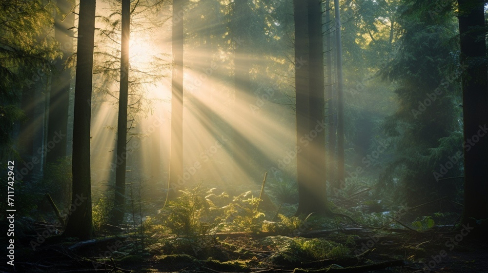 A magical forest scene with sunbeams piercing through the trees, offering space for text overlay within the enchanting woodland setting - Generative AI - obrazy, fototapety, plakaty 