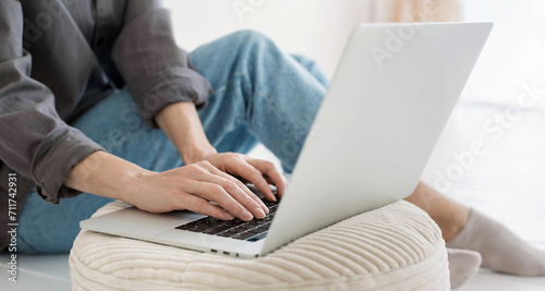 Woman hands typing on computer keyboard closeup, businesswoman or student girl using laptop at home, online learning, internet marketing, working from home, freelance concept