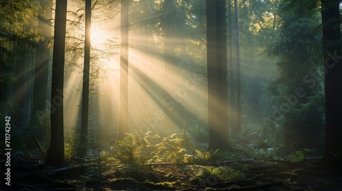 A magical forest scene with sunbeams piercing through the trees, offering space for text overlay within the enchanting woodland setting - Generative AI photo