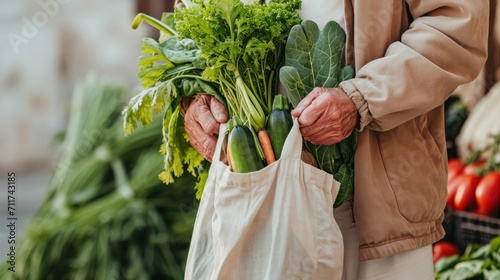 Lady with fabric bag and veggies in a vibrant market scene.