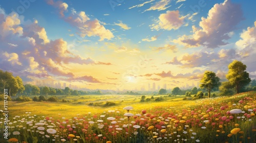 A meadow bathed in golden sunlight during midday  with blooming wildflowers  capturing the vibrant beauty of a sunlit daytime field. - Generative AI