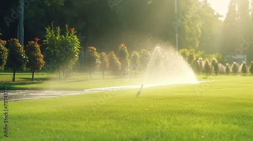 Garden irrigation system. a sprinkler that waters the garden in summer. summer. © Anak