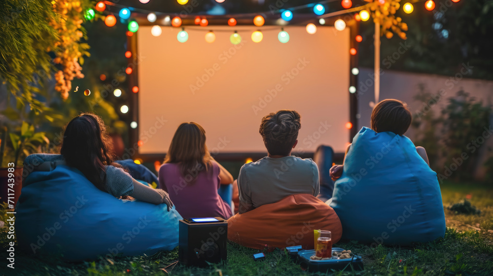 Group of friends from behind, sitting and enjoying an outdoor movie night with a blank screen, surrounded by garden lights at dusk. - obrazy, fototapety, plakaty 