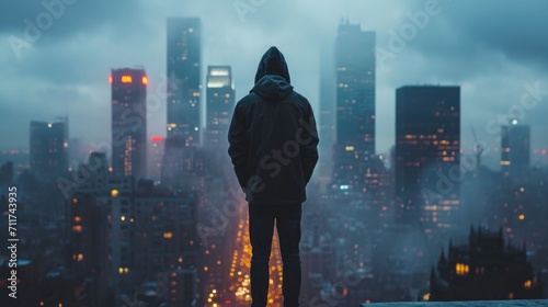 Confidence and Ambition Concept, Wide Shot of a Person Standing Tall in a Cityscape, Determined Expression, Ready to Conquer Challenges, Urban Energy Surrounding Them.