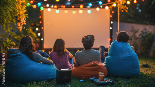Group of friends from behind, sitting and enjoying an outdoor movie night with a blank screen, surrounded by garden lights at dusk. photo