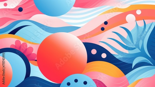 colorful graphic summer background illustration tropical beach  palm leaves  water waves colorful graphic summer background