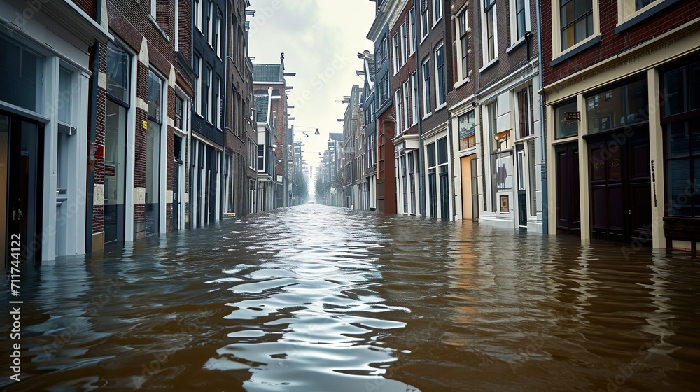 A Dutch city street completely underwater made with Ai generative technology - obrazy, fototapety, plakaty 