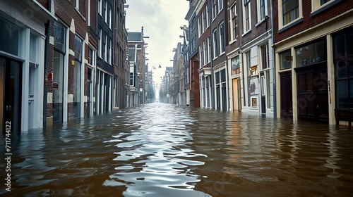 A Dutch city street completely underwater made with Ai generative technology