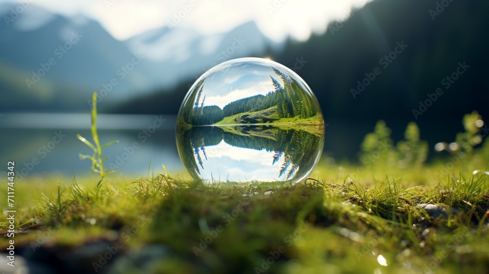 A meadow view inside a water droplet - Generative AI A meadow view inside a water droplet - Generative AI