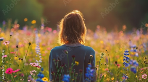 Woman on her back, contemplating a vibrant field of wildflowers in the morning light generative ai
