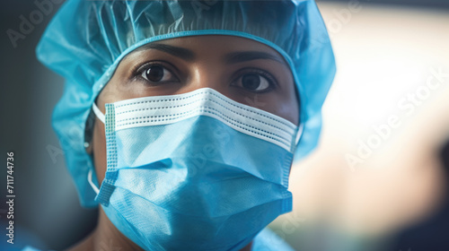 Close-up portrait of a healthcare professional wearing a surgical cap and a blue surgical mask, with a focused and attentive expression