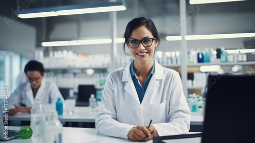 Smiling female scientist with curly hair and glasses, wearing a lab coat in a laboratory setting, with scientific equipment and other researchers in the background. photo