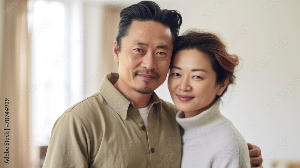 Amid the walls of their dwelling, a middle-aged Asian couple expresses their bond through a tender embrace. Amid the walls of their dwelling, a middle-aged Asian couple expresses their bond through a tender embrace.