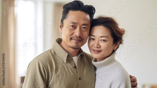 Amid the walls of their dwelling, a middle-aged Asian couple expresses their bond through a tender embrace.