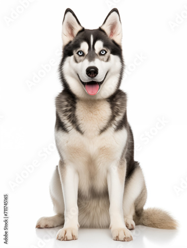 Happy Siberian Husky dog sitting looking at camera  isolated on all white background