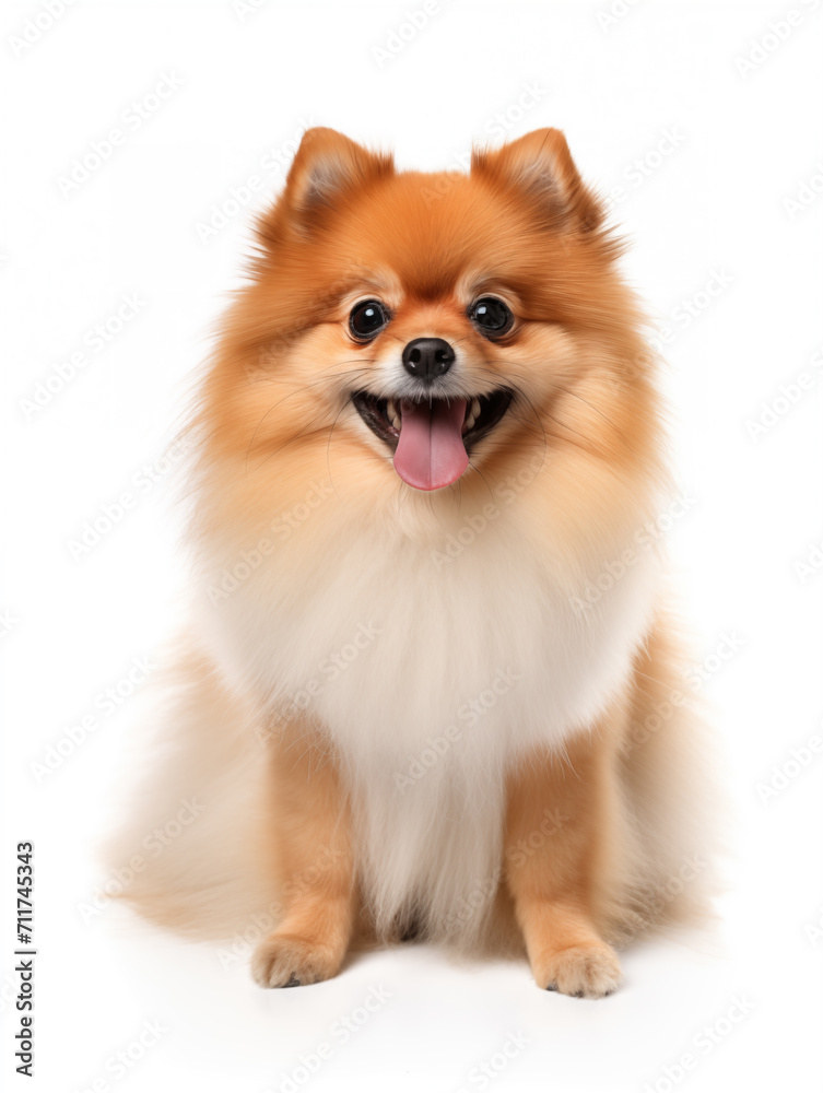 Happy pomerania dog sitting looking at camera, isolated on all white background