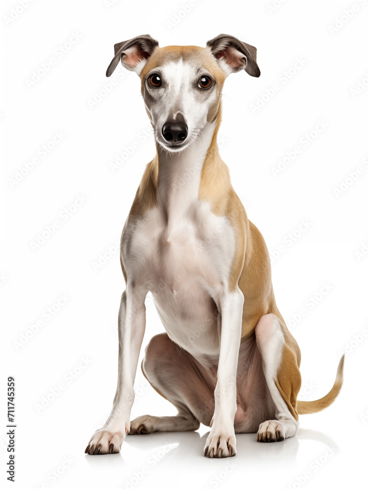 Happy whippet dog sitting looking at camera, isolated on all white background
