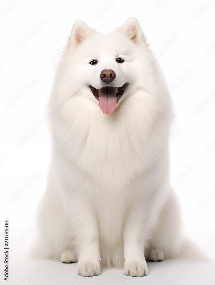 Happy white samoyedo dog sitting looking at camera, isolated on all white background