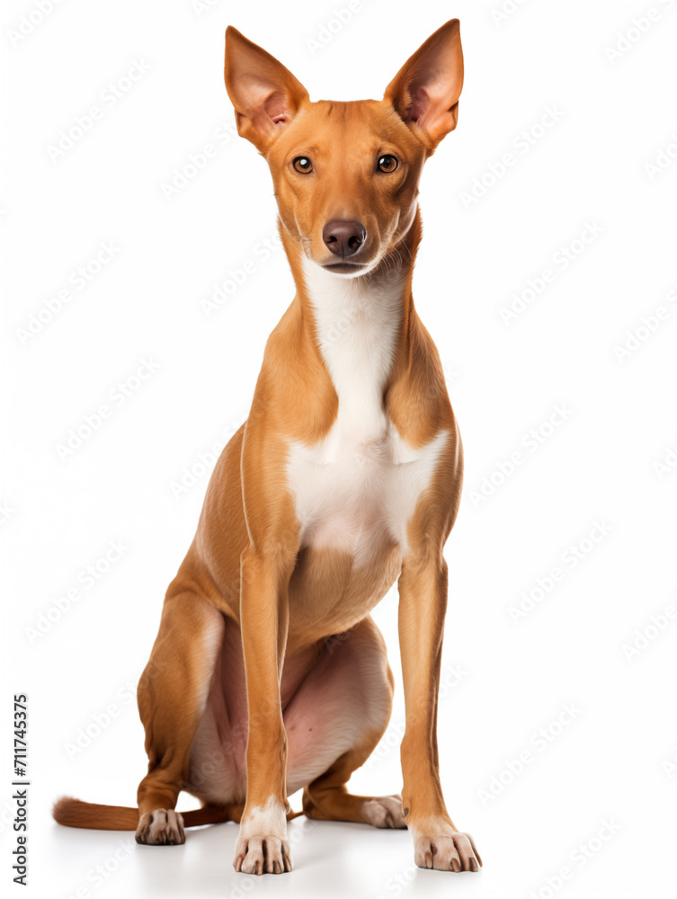 Podenco ibicenco dog sitting looking at camera, isolated on all white background