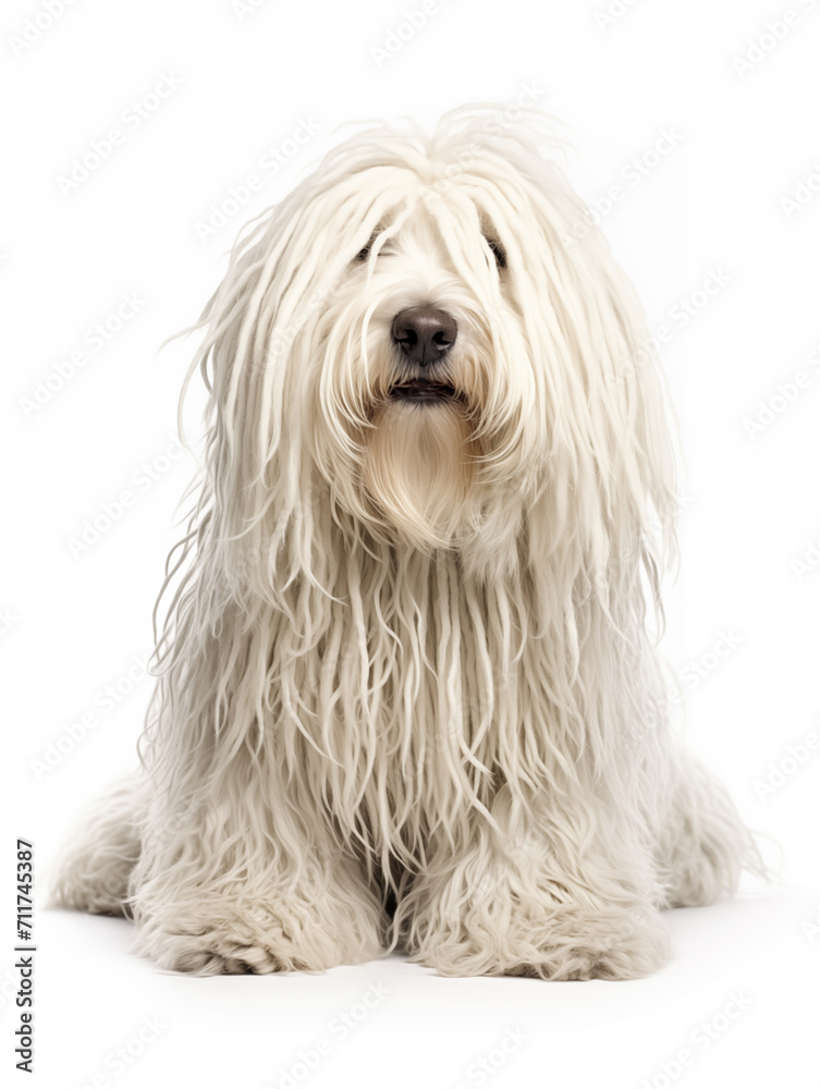 Happy komondor dog sitting looking at camera, isolated on all white background Happy komondor dog sitting looking at camera, isolated on all white background