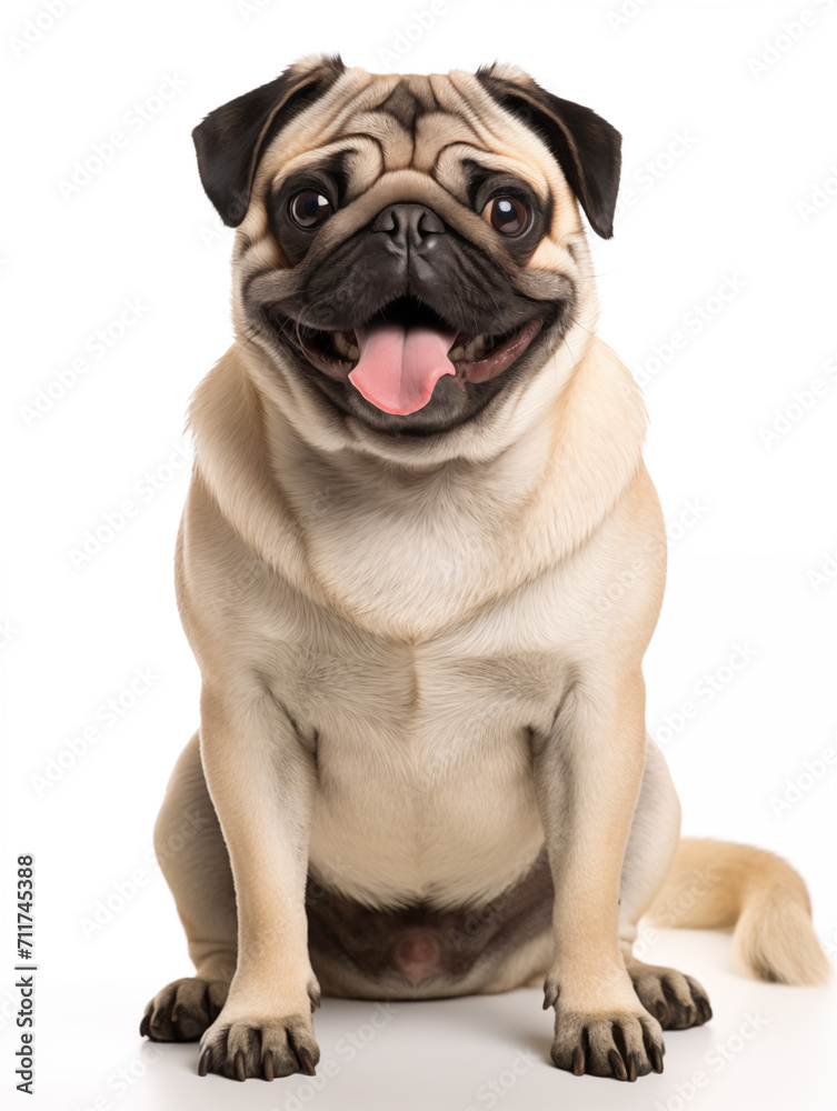 Happy pug dog sitting looking at camera, isolated on all white background
