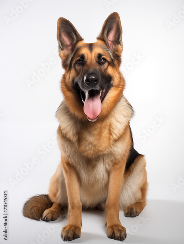 Happy german shepherd dog sitting looking at camera  isolated on all white background
