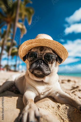 Generative AI illustration of funny pug dog on the beach