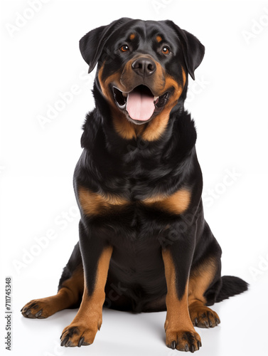 Happy Rottweiler dog sitting looking at camera, isolated on all white background