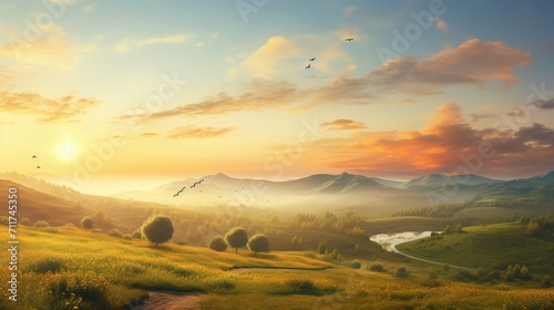 A mesmerizing sunrise over a serene countryside, presenting an unoccupied area for text overlay against the peaceful morning scene - Generative AI