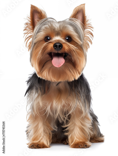 Happy yorkshire dog sitting looking at camera, isolated on all white background