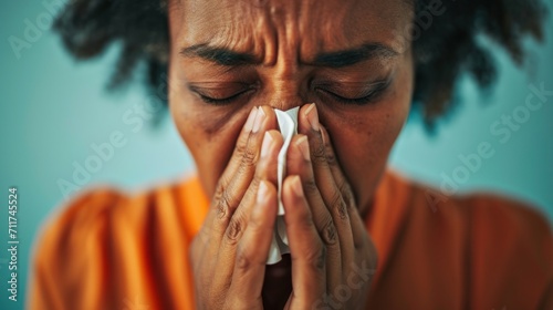 The afro senior woman uses a tissue to blow her runny nose.