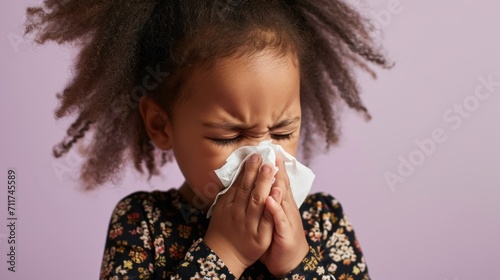 The afro boy takes care of a runny nose using a paper tissue.