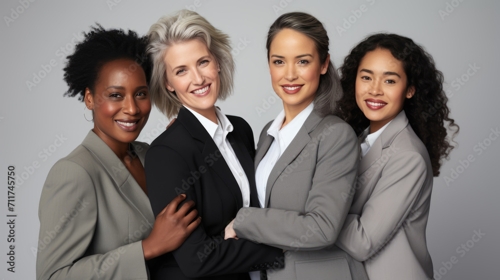 Group of five women in professional attire, smiling and standing close together, with their hands joined in a sign of unity and support Group of five women in professional attire, smiling and standing close together, with their hands joined in a sign of unity and support
