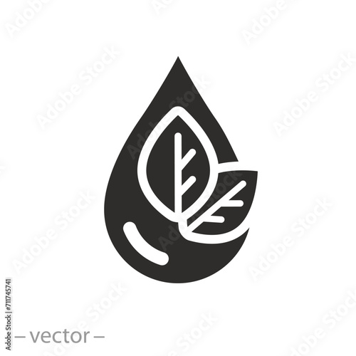 natural flavors icon, fresh water, drop and leaf, flat symbol on white background - vector illustration
