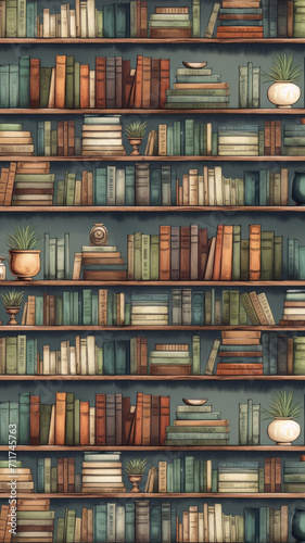 retro library shelves with books, watercolor vertical background