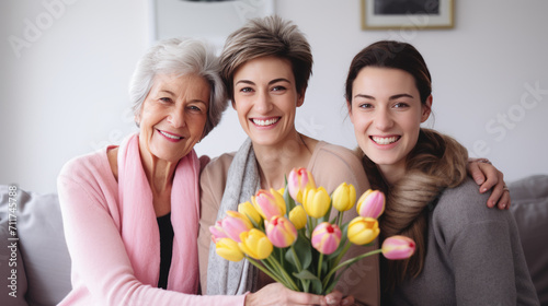 Three generations of women a young woman, her mother, and her grandmother are smiling and embracing, each holding a bouquet of tulips, symbolizing family and affection.