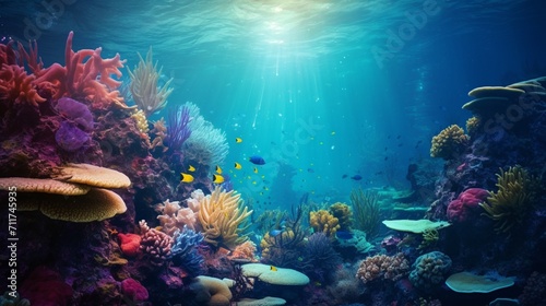 A mesmerizing underwater scene with colorful marine life and coral reefs, providing a corner space for text overlay in the aquatic environment - Generative AI © Huzaifa