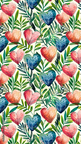 pattern with tropical leaves and red and blue hearts, a vertical watercolor background