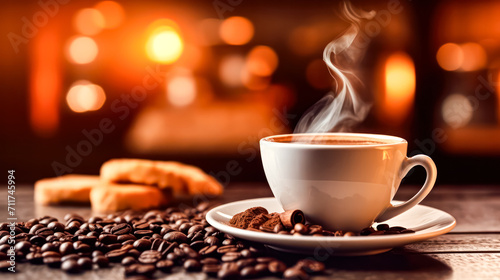 Savor the aroma as a delightful cup of coffee stands on the table surrounded by aromatic coffee beans. A moment of sensory bliss captured in simplicity.