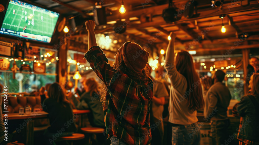 Vibrant sports bar atmosphere where patrons are energetically celebrating