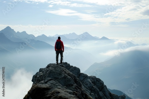 "Solitary hiker on mountain peak, contemplating achievement and view." © Karolis