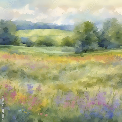 Watercolor painting of an impasto of a wildflower field. 