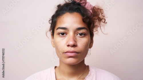 Studio photograph featuring a Moroccan woman with genuine facial flaws.