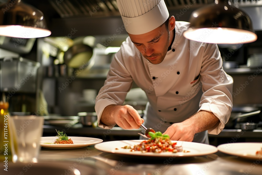 Chef in kitchen plates dish with artful precision, showcasing culinary passion and skill.