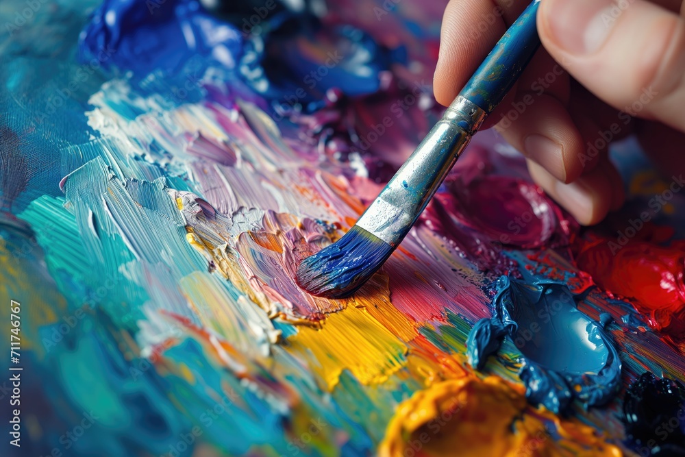 Painter's skillful hand mixing vibrant colors on palette