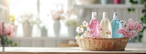 Cleaning set for different surfaces in kitchen, bathroom and other rooms. Basket with cleaning items on blurry background. Spring cleaning. Cleaning service concept with copy space photo