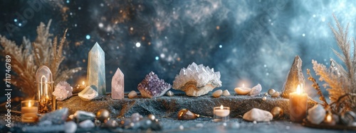Enchanting Esoteric Altar with Quartz Crystals and Autumn Flora.