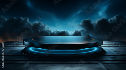 Dark blue background with round podium for product presentation, dark clouds on background