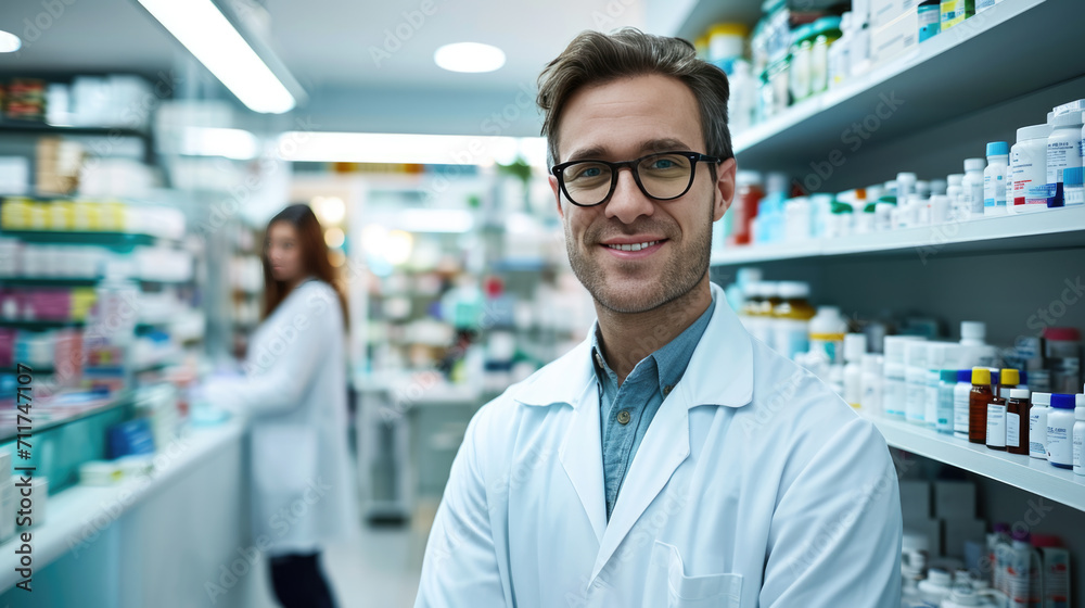 Male pharmacist is smiling at the camera with a pharmacy shelf in the background, and a colleague is slightly out of focus behind him. Male pharmacist is smiling at the camera with a pharmacy shelf in the background, and a colleague is slightly out of focus behind him.