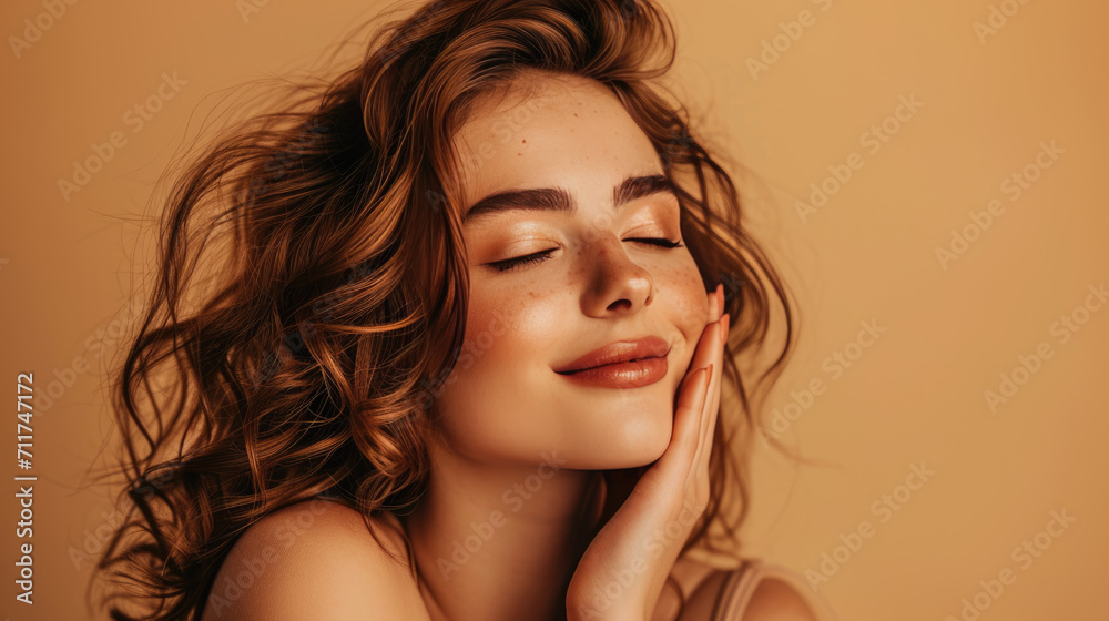 Smiling woman with a hand gently touching her face, displaying clear skin and a joyful expression.